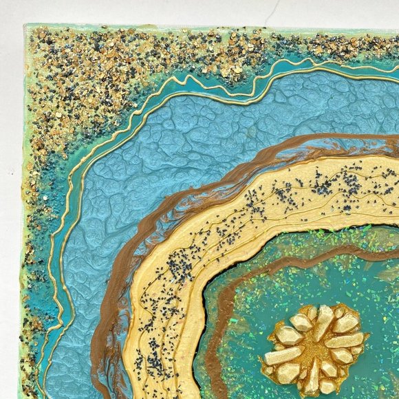 Snowflake Geode - Original Art Mixed Media Faux Geode Signed Painting 12”x12” - Picture 6 of 9